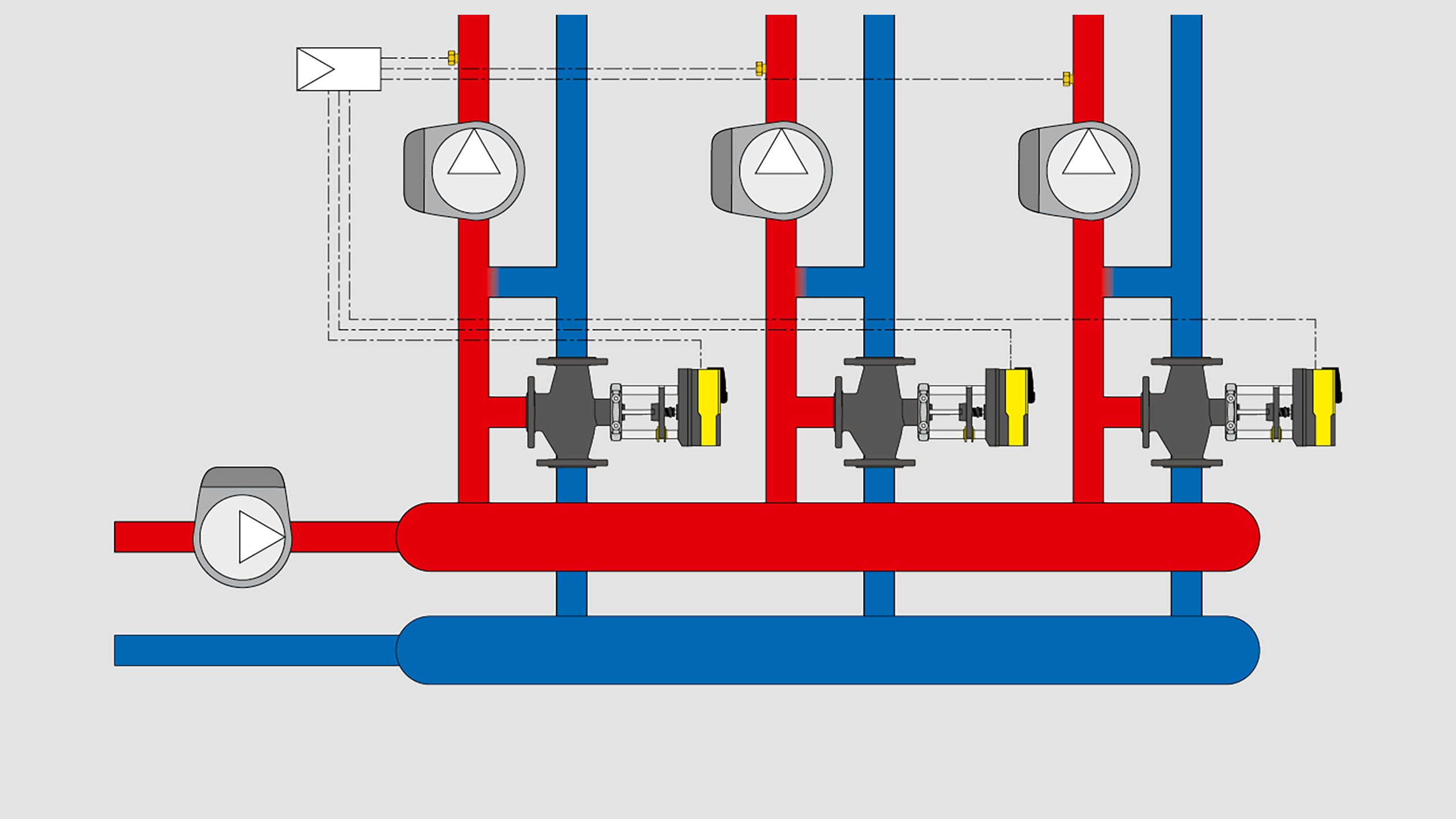 Schema applicativo - Regolazione con valvole a 3 vie in centrale termica medio grande senza separatore idraulico